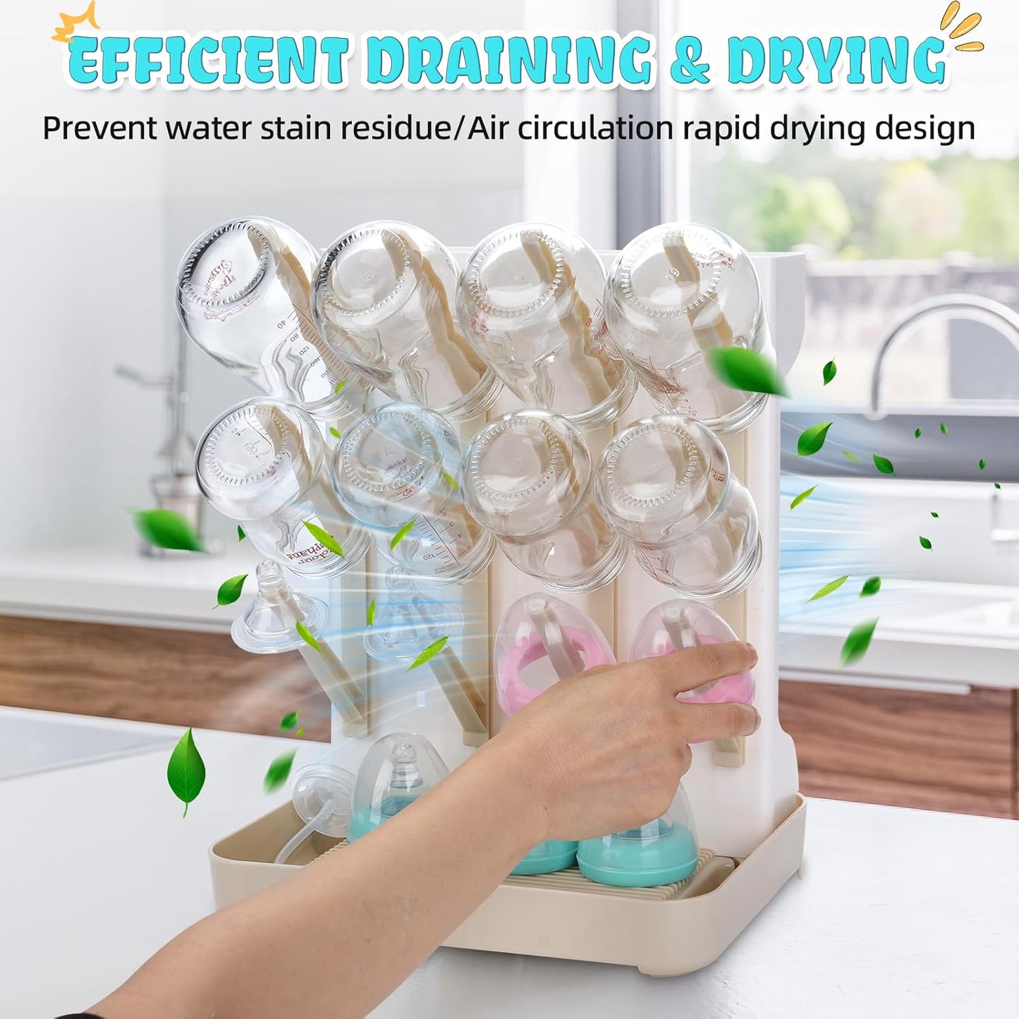 Baby Bottle Drying Rack: Space Saving Vertical Bottle Drying Holder with Brushes Holder - Large Bottle Storage Holder Organizer 12 Bottles & Baby Accessories,BPA-Free, Beige
