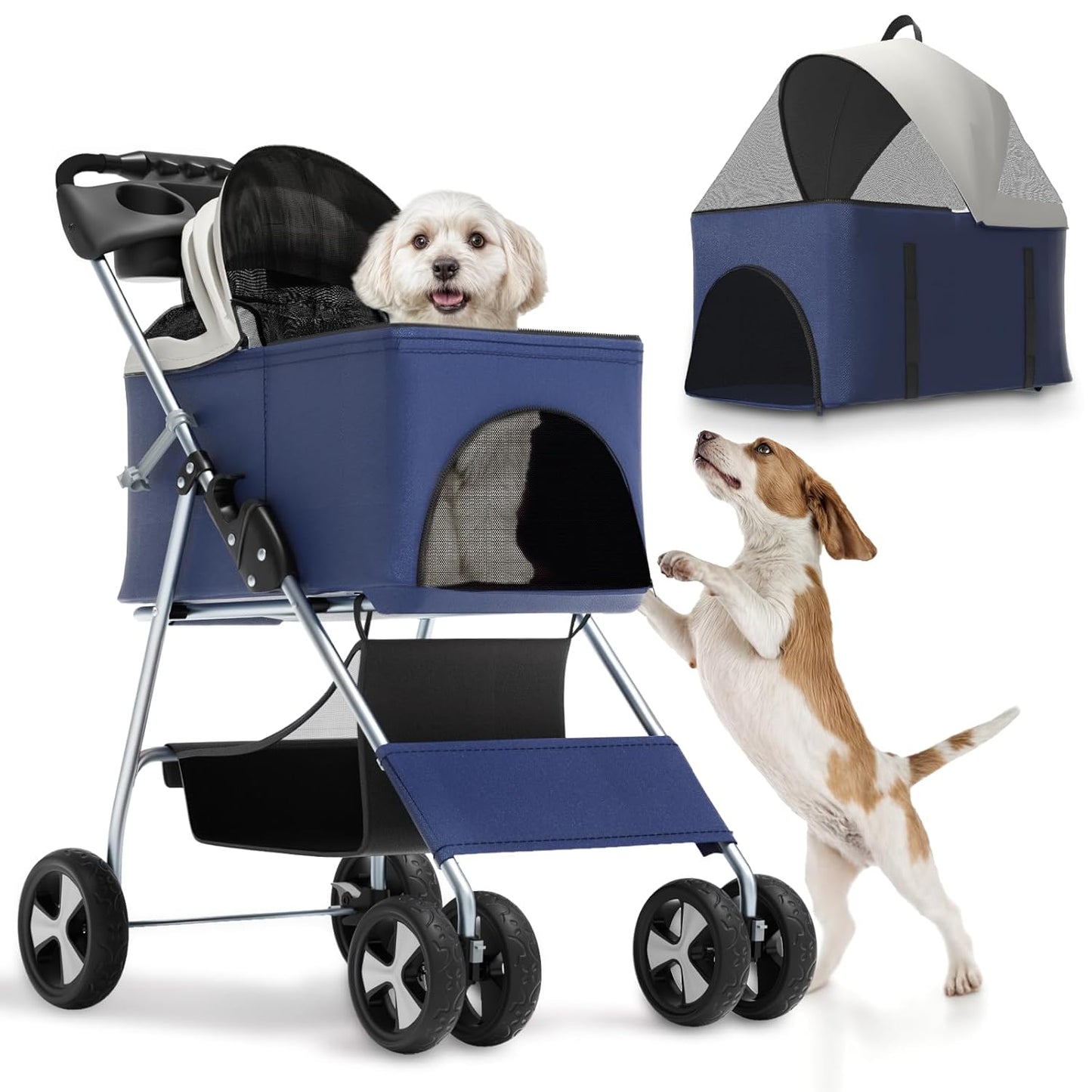 Magshion Compact Pet Stroller for Small-Medium Dogs/Cats up to 22lbs, 4-Wheel Lightweight Umbrella Shaped Portable Puppy Travel Jogger with Breathable Mesh, Cup Holder & Rear Storage, Black
