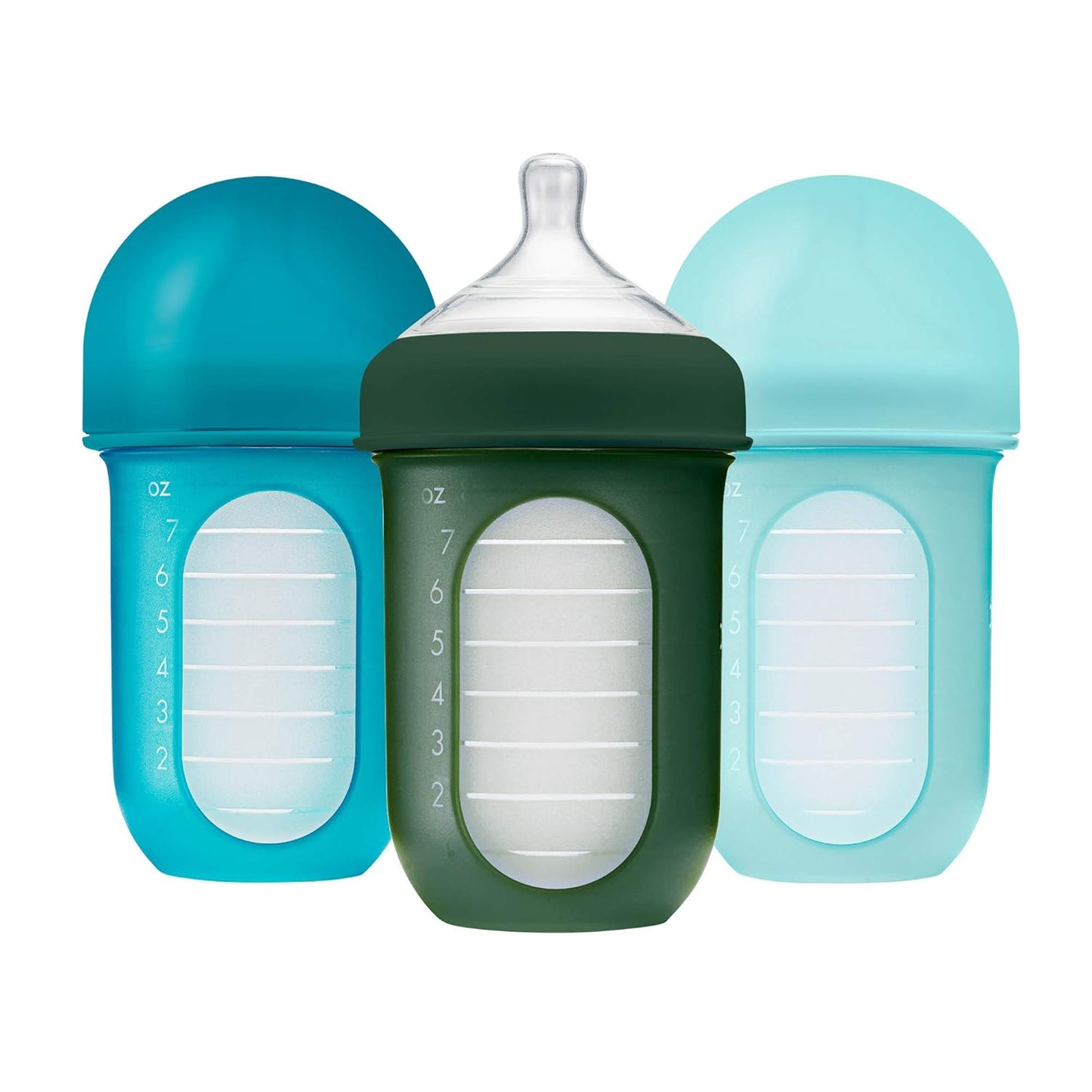 Boon Nursh Reusable Silicone Pouch Baby Bottles - Medium Flow Nipple - Silicone Baby Bottle Pouch and Nipple - Baby Feeding Essentials - Gray - 3-6 Months - 3 Count - 8 Ounce