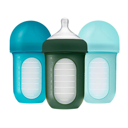Boon Nursh Reusable Silicone Pouch Baby Bottles - Medium Flow Nipple - Silicone Baby Bottle Pouch and Nipple - Baby Feeding Essentials - Gray - 3-6 Months - 3 Count - 8 Ounce
