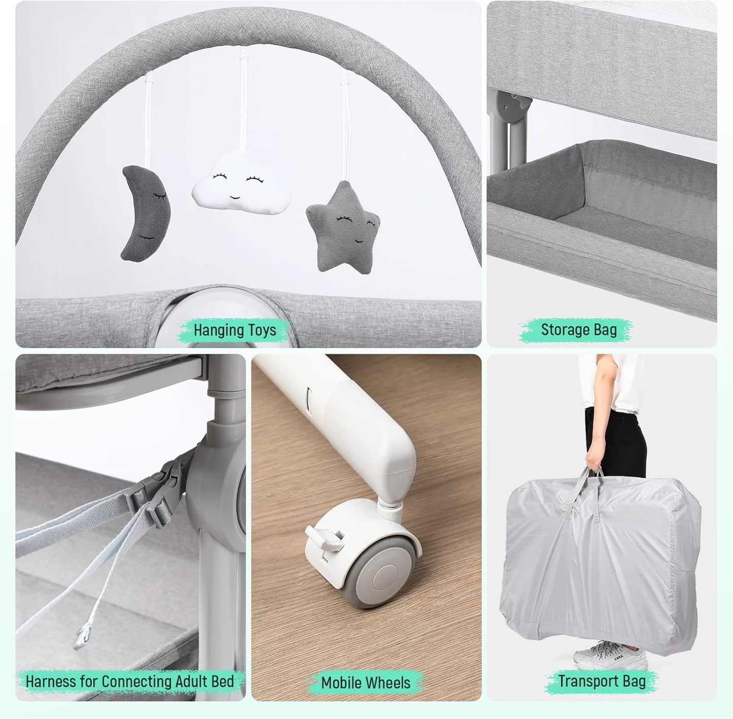 Cowiewie Baby Bassinet 4-Sided Mesh Bedside Sleeper with Wheels for Infant/Newborn Foldable Adjustable Height Portable Bedside Crib(Grey) | Breathable Mesh