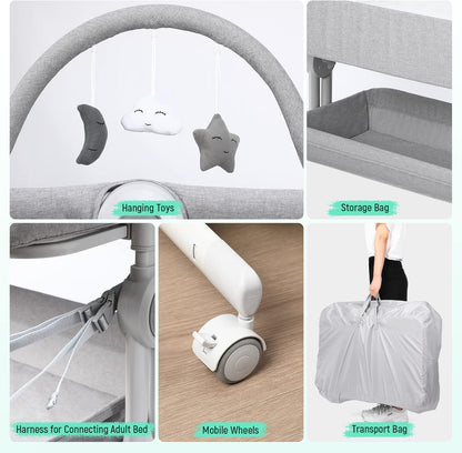 Cowiewie Baby Bassinet 4-Sided Mesh Bedside Sleeper with Wheels for Infant/Newborn Foldable Adjustable Height Portable Bedside Crib(Grey) | Breathable Mesh