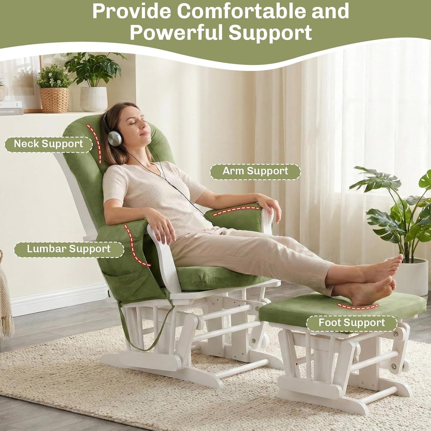 5PCS Suede Glider Rocker Replacement Cushions with 29.5" High Backrest & Side Pockets, Thickened Soft Glider Rocking Chair Cushions with Ottoman Cushion for Indoor Nursery Rocking Chair, Green