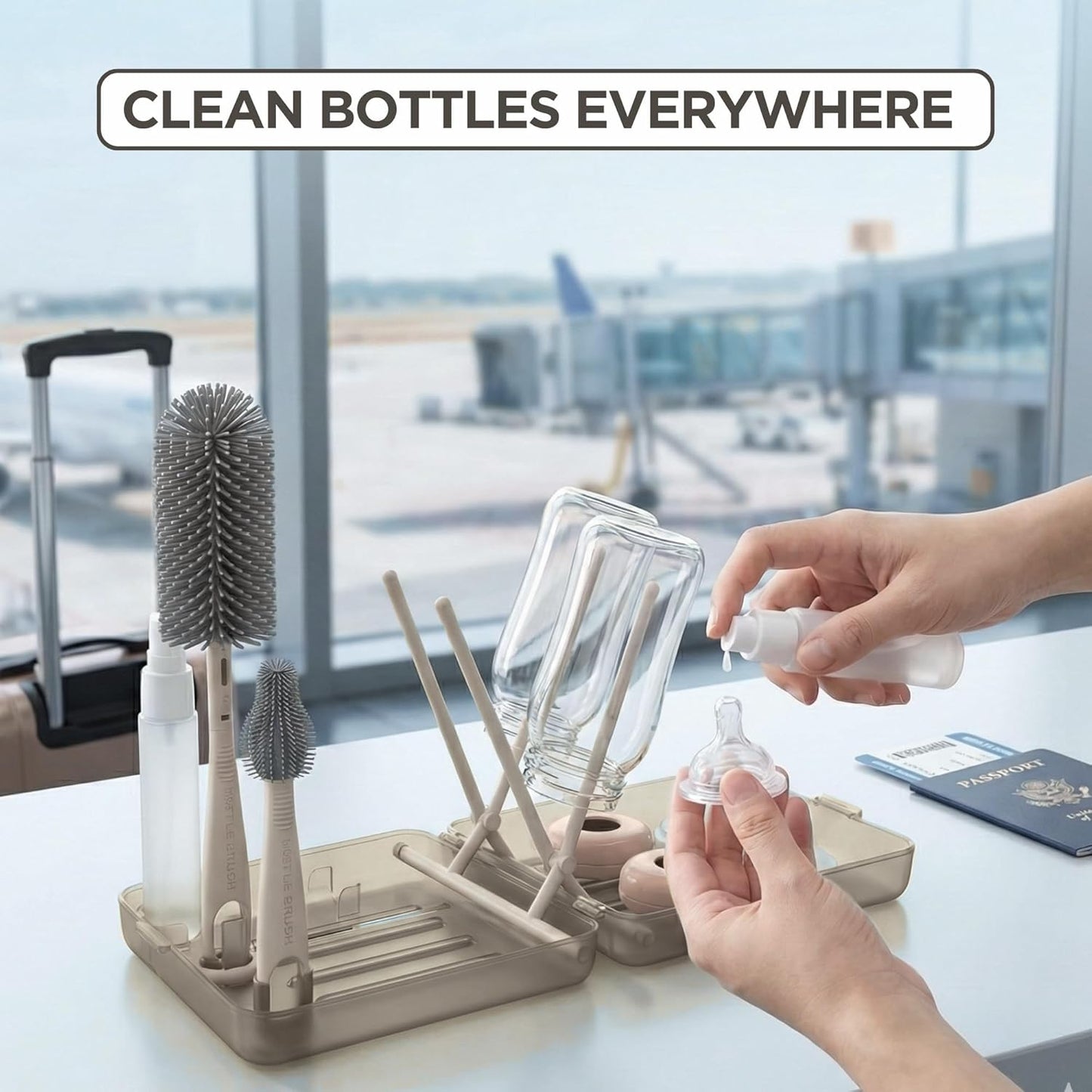 Bottle Cleaning Kit – BPA Free Brush Set, 6 in 1 Travel Bottle Cleaner Kit with Silicone Brushes for Bottle, Breast Pump, Straw, Nipple - Portable Bottle Washing Kit