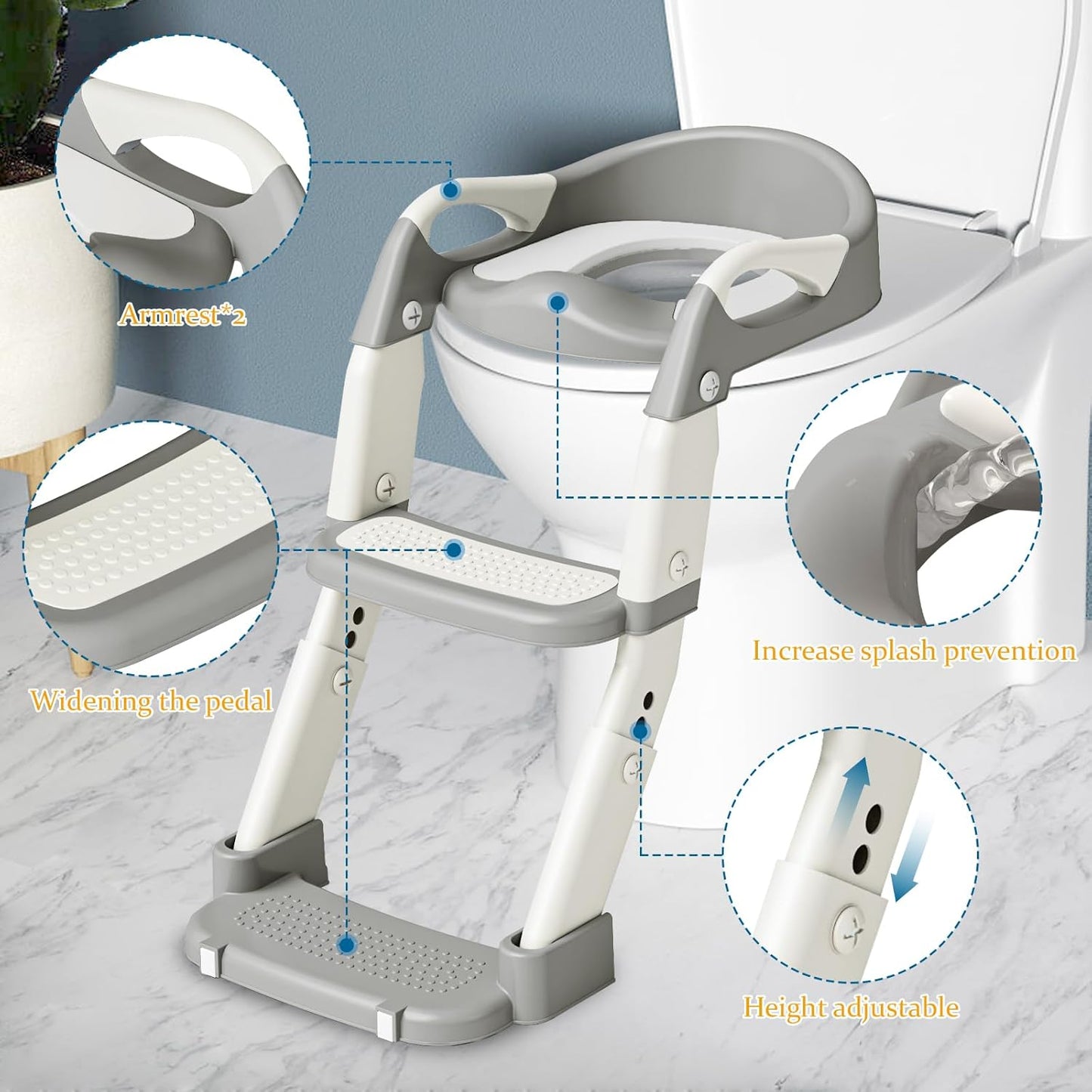 Potty Training Seat 3-in-1 Toddler Toilet Ladder (Toilet, Ladder, Squatting Aid) for Children Boys Girls with Removable Cushion, Anti-Splash & Foldable Design - Grey