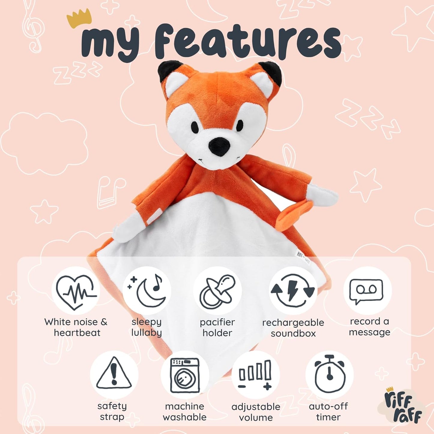 Riff Raff Baby Sleep Toy Soother - Musical Plush Fox with White Noise & Lullaby - Lovey Security Blanket for Newborns & Infants