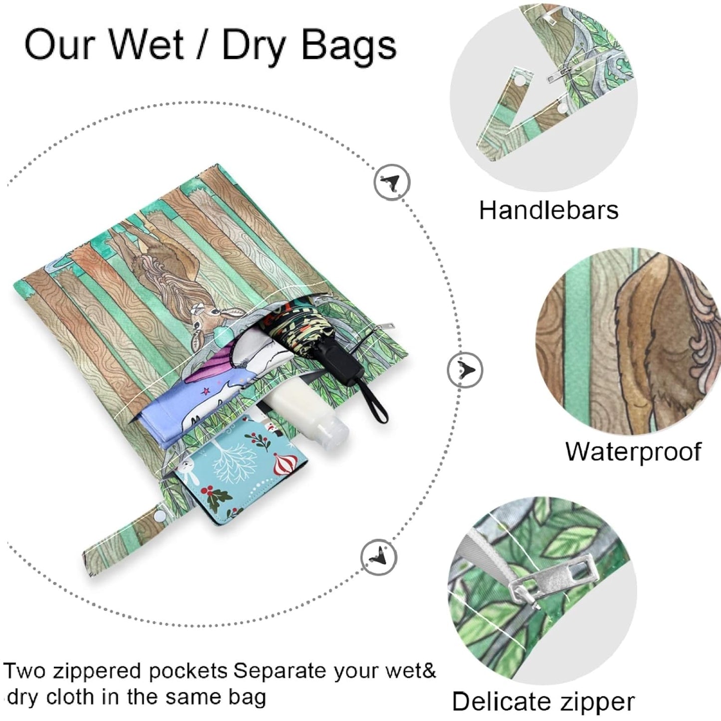 visesunny Leopard Grain 2Pcs Wet Bag with 2 Zippered Pockets Snap Handle Washable Reusable Roomy for Travel,Beach,Pool,Daycare,Stroller,Diapers,Dirty Gym Clothes, Wet Swimsuits, Toiletries