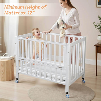 Flwrgirl Folding Wood Bedside Bassinet - Portable 4-in-1 Baby Bassinet with Breathable Mattress,3 Heights Baby Crib with Wheels,Mini Crib for Infant Newborn and Small Space,White