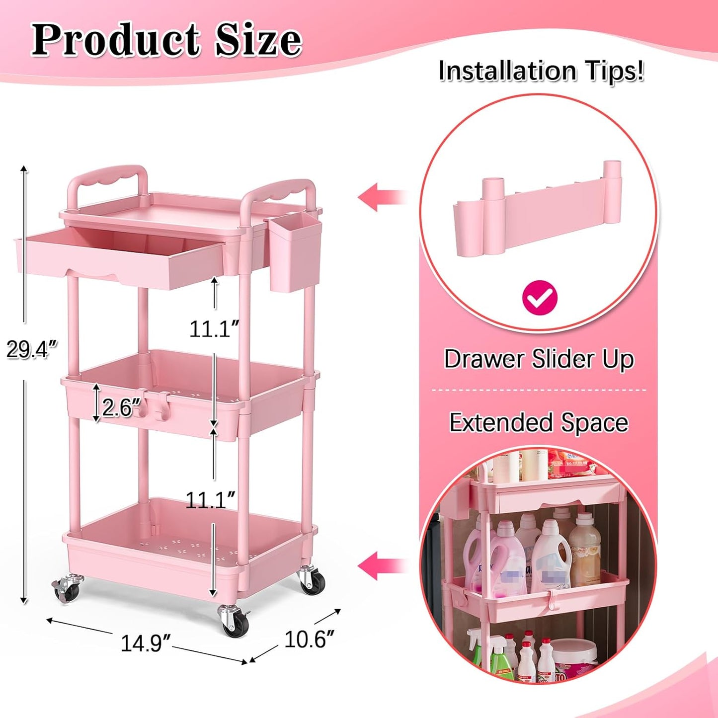 SUNALLY 3 Tier Rolling Cart with Drawer, Bathroom Storage Organizer with 2 Lockable Wheels, Multifunctional Rolling Storage Cart for Bathroom, Kitchen, Office, Craft, Makeup, Baby Essentials, White