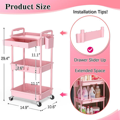 SUNALLY 3 Tier Rolling Cart with Drawer, Bathroom Storage Organizer with 2 Lockable Wheels, Multifunctional Rolling Storage Cart for Bathroom, Kitchen, Office, Craft, Makeup, Baby Essentials, White