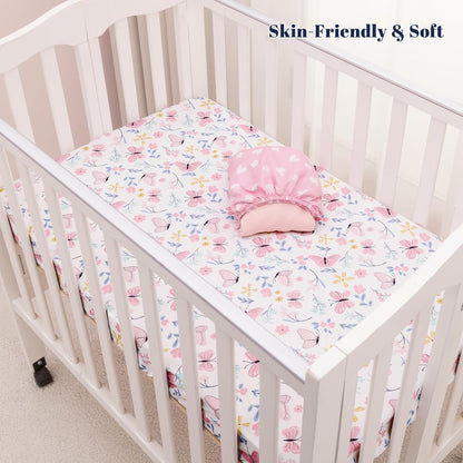 PHF 3 Pack Soft Mini Crib Sheets, Floral & Animal Pack N Play Sheets for Baby Boys Girls, No Slip Universal Fit for Pack N Play, Playard, Portable and Mini Crib Mattresses,Floral & Animal