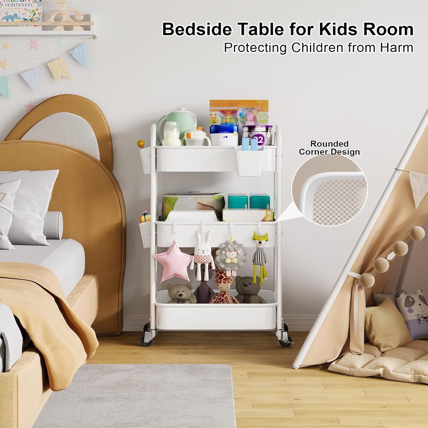 Beige 3 Tier Rolling Cart Metal on Wheels, Three Tiered Storage Organizer Utility Trolley with Wheels for Art, Craft, Baby Diaper Caddy, Snack, Book, Nail, Lash, Cleaning Supplies, Kitchen, Bathroom