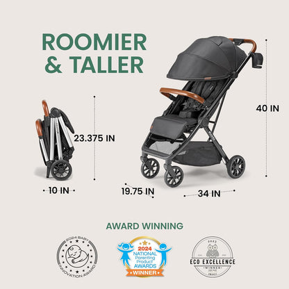 Bombi Bēbee V2 Lightweight Baby Stroller - Premium Vegan Leather, One-Hand Fold, Infinite Recline, Aircraft-Grade Aluminum Frame, XXL Canopy, and Ample Storage Umbrella Stroller - Sand