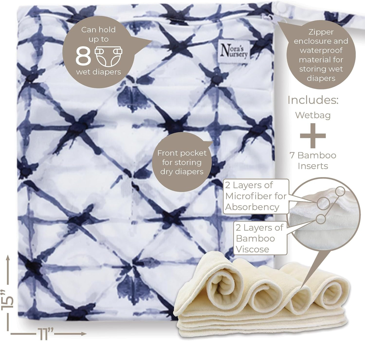 Nora's Nursery Cloth Diapers 7 Pack with 7 Inserts & 1 Wet Bag - Waterproof Cover, Washable, Reusable & One Size Adjustable Pocket Diapers for Newborns and Toddlers - Delilah