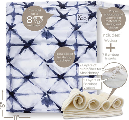 Nora's Nursery Cloth Diapers 7 Pack with 7 Inserts & 1 Wet Bag - Waterproof Cover, Washable, Reusable & One Size Adjustable Pocket Diapers for Newborns and Toddlers - Delilah