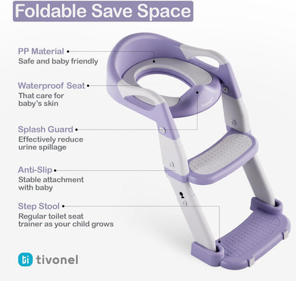 3-in-1 Toddler Potty Training Toilet Seat with Ladder | Foldable Toilet Potty Training Seat with Step Stool Ladder | 5-Level Adjustable Height | Soft Cushion, Splash Guard & Anti Slip Pad