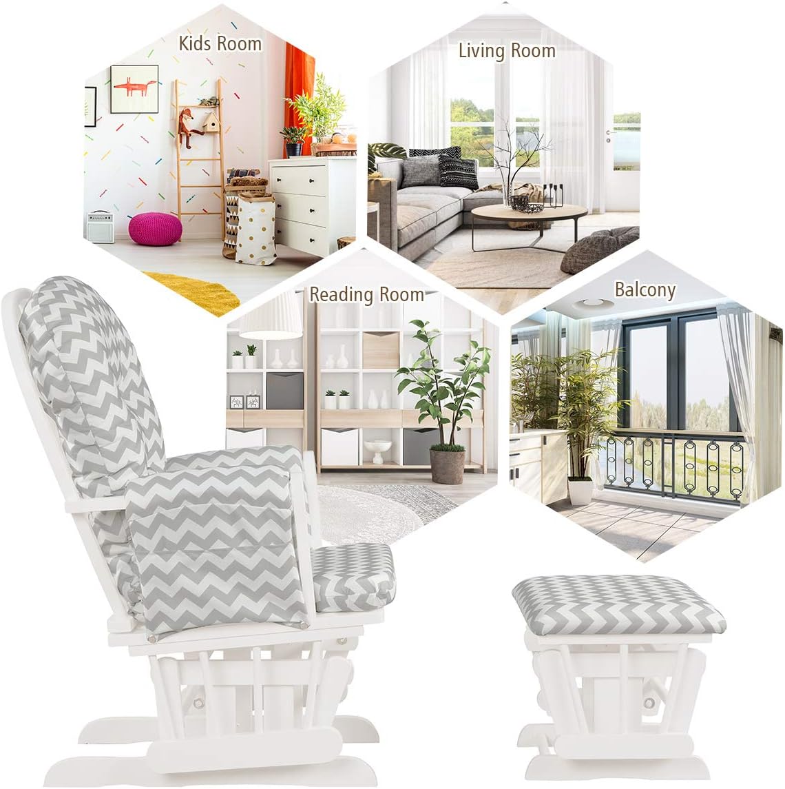 Costzon Nursery Glider with Ottoman, Upholstered Comfort Glider Rocker with Padded Cushion, Storage Pocket, Solid Wood Base, Rocking Chair Nursery for Breastfeeding, Napping (Light Gray)