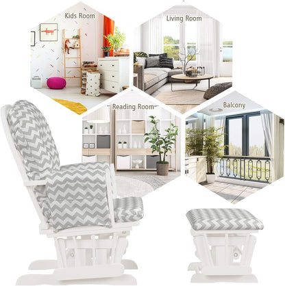 Costzon Nursery Glider with Ottoman, Upholstered Comfort Glider Rocker with Padded Cushion, Storage Pocket, Solid Wood Base, Rocking Chair Nursery for Breastfeeding, Napping (Light Gray)