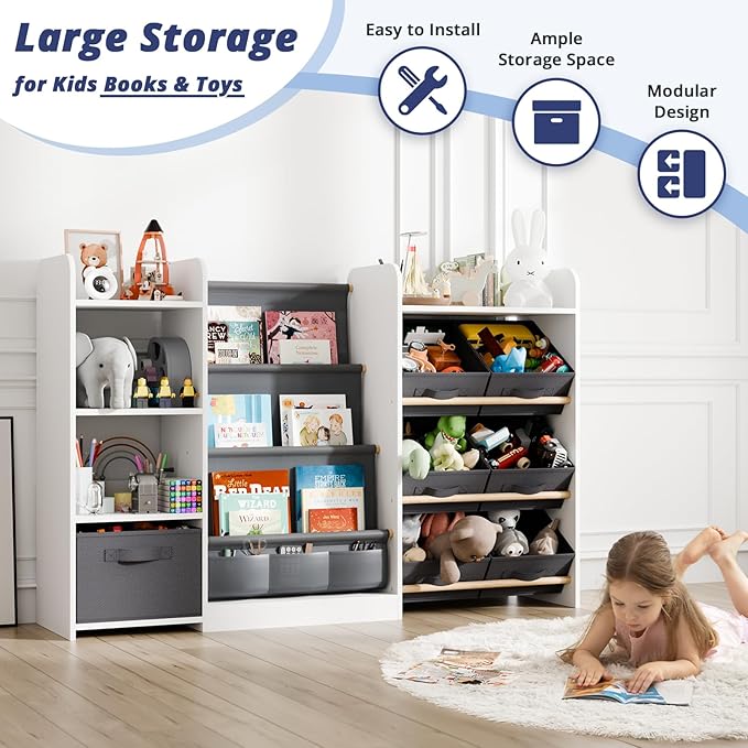 IKALIFE Kids Toy Book Storage Organizer - Large Bookshelf with 7 Removable Bins, Baby Bookshelf and Toy Storage, 4-Tier Book Shelf for Kids Room, Playroom, Classroom, 55 inch, Cream
