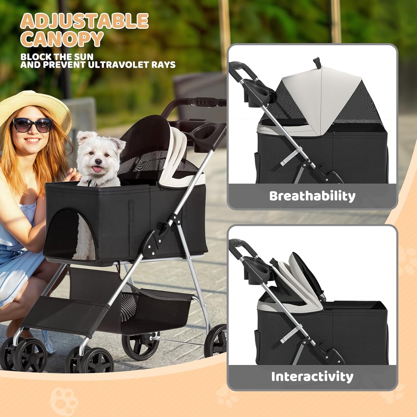 Magshion Compact Pet Stroller for Small-Medium Dogs/Cats up to 22lbs, 4-Wheel Lightweight Umbrella Shaped Portable Puppy Travel Jogger with Breathable Mesh, Cup Holder & Rear Storage, Black