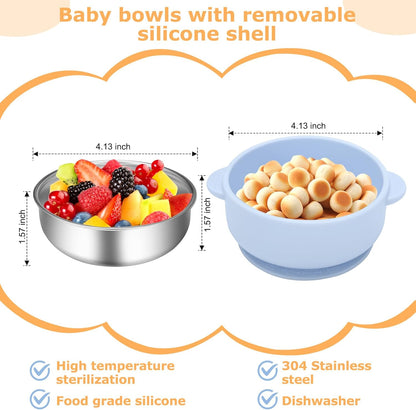 2 Pack Stainless Steel Baby Bowls with Removable Non-Slip Silicone Suction Shell and Lids, Anti Scald Food Container for Baby Food Feeding-Gray & Cream