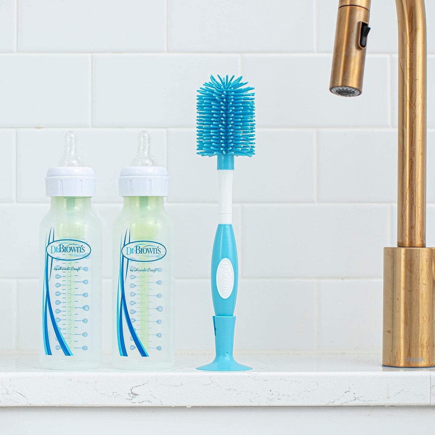 Dr. Brown's Baby Bottle Drying Tower, Stand-Up Drying Rack with Soft Touch No Scratch Baby Bottle Cleaning Brush, Blue