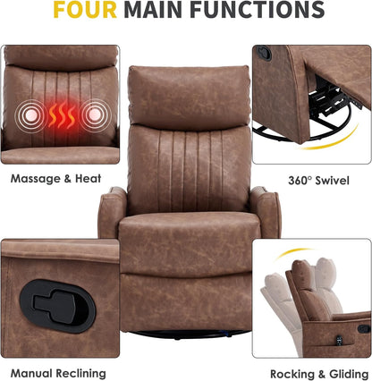 Trustyue Swivel Rocker Recliner Chair, 360° Swivel Recliner with Heat and Massage, Rocker Recliner Nursery Glider Chair with Side Pockets for Living Room (Beige, Fabric)