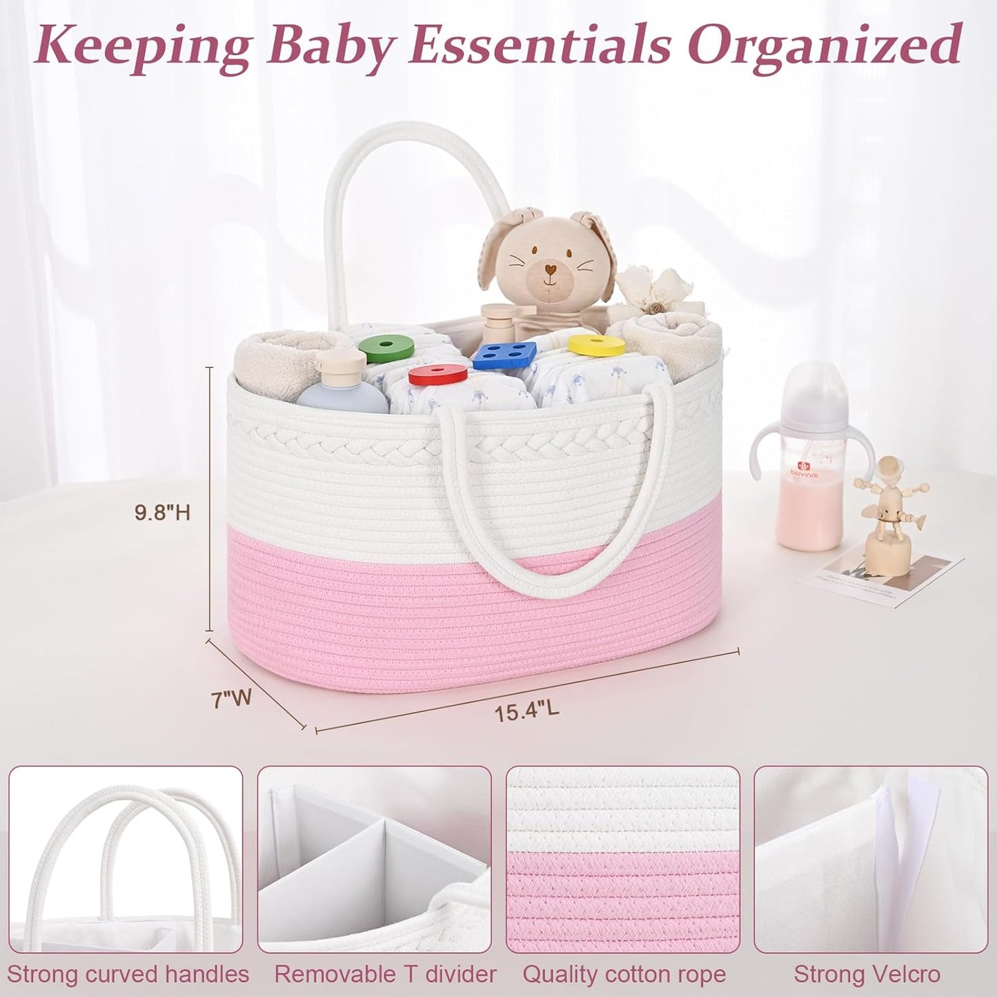 19L Baby Diaper Caddy Organizer, 16.8"x9.8"x9" Cotton Rope Diaper Basket, Changing Table Storage Caddy With Removable Divider, Baby Basket for Nursery, Car, Diapers, Baby Shower Gifts for Newborn