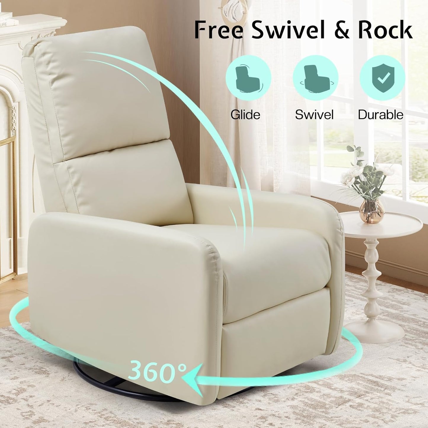 Jocisland Nursery Glider Chairs, Swivel Rocking Chair, Massage Rocker Recliner with High Back for Living Room Bedroom, Comfy Upholstered Modern Nursing Reclining Single Sofa, White Teddy