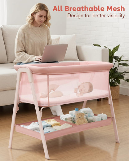 Baby Bassinet, Bedside Bassinet for Baby, Bassinet Bedside Sleeper with Mattress, Storage Basket and 4 Auto-Lock Wheels, Full-Mesh Sides, Bedside Mini Crib for Newborn (Beige)