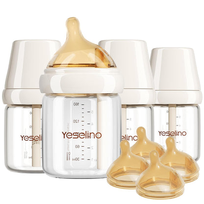 Natural Nursing Glass Baby Bottle - with Anti-Colic Vent System - BPA-Free, 3 oz with Slow Flow Nipple, 0-6 Months, 2 Pack (Includes 4pcs Nipples)