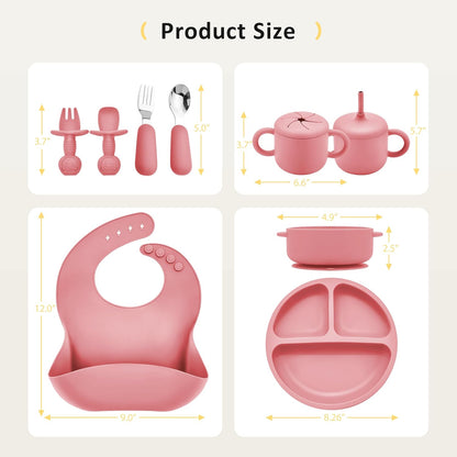 Bufims Silicone Baby Feeding Set, Baby Led Weaning Supplies, Eating Essentials Utensils with Suction Plate and Bowl, Pocket Bib, Sippy Cup with Lid, Forks Spoons Snack Container, for 6+ Months, Green
