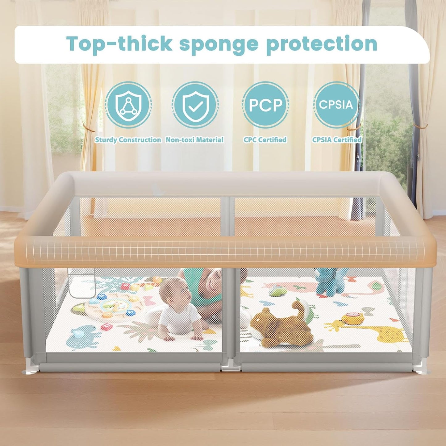 besuhot Baby Playpen Extra Large Play Yard 74" x 50" Playpen for Babies and Toddlers with Anti-Slip Suckers and Zipper Gate, Safety Baby Activity Center for Indoor & Outdoor