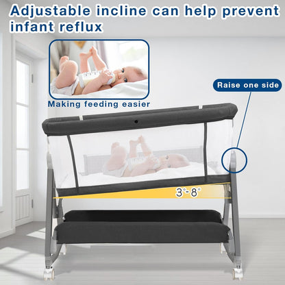 Jixrolyn 3 in 1 Baby Bassinet Bedside Sleeper, Height Adjustable Bedside Bassinet for Newborn and Infant with Mattress, Storage Basket, and Wheels (Grey)
