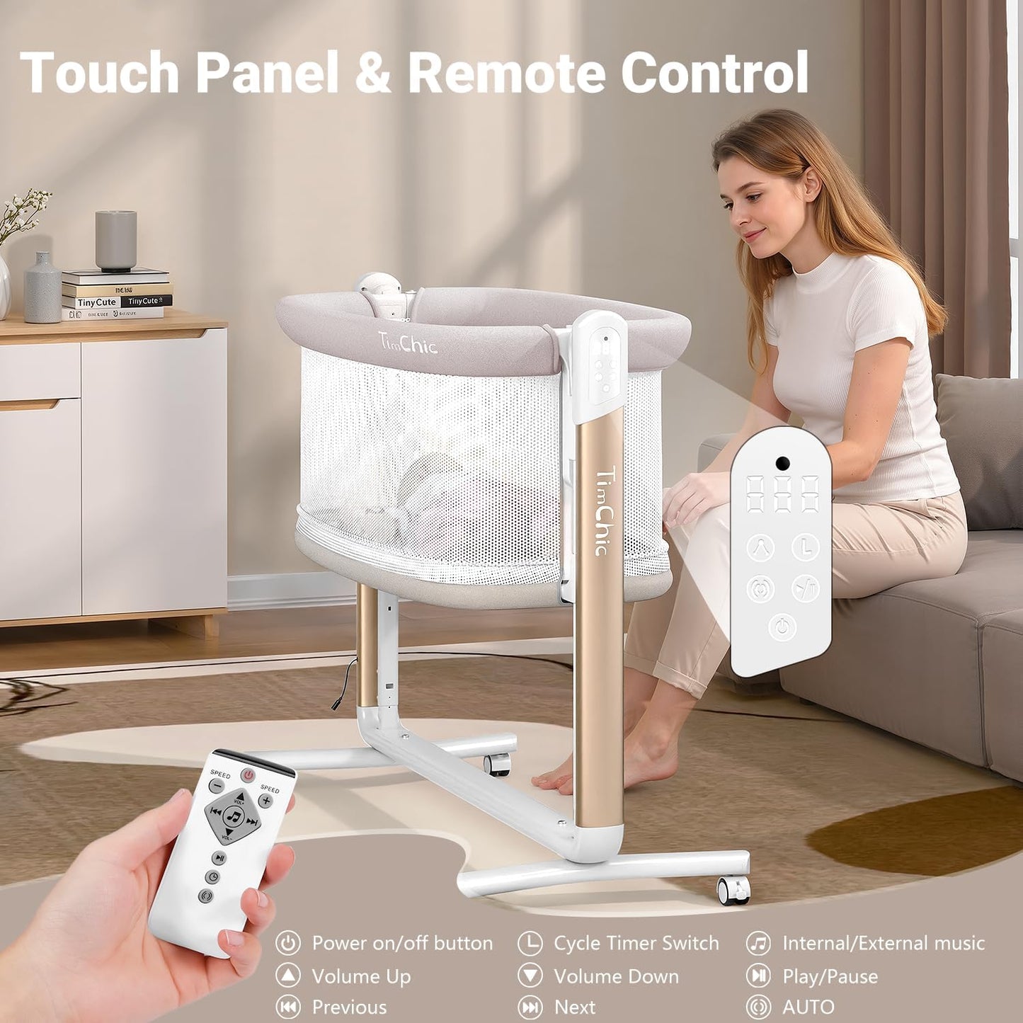 Electric Baby Bassinet, 7 Height Adjustable Rocking Bassinet for Baby, Auto Infant Sleeper with Timer, 12 Lullabies, Wheels, Smart Rocking Crib for Newborns, Beige