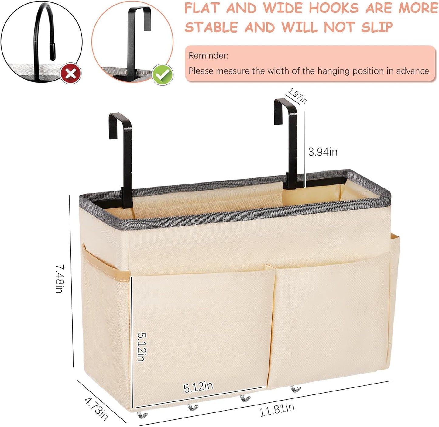 Bedside Storage Organizer 5 Pockets with 4 Hooks Hanging Storage Bag for Headboards/Bunk Bed (Pink)
