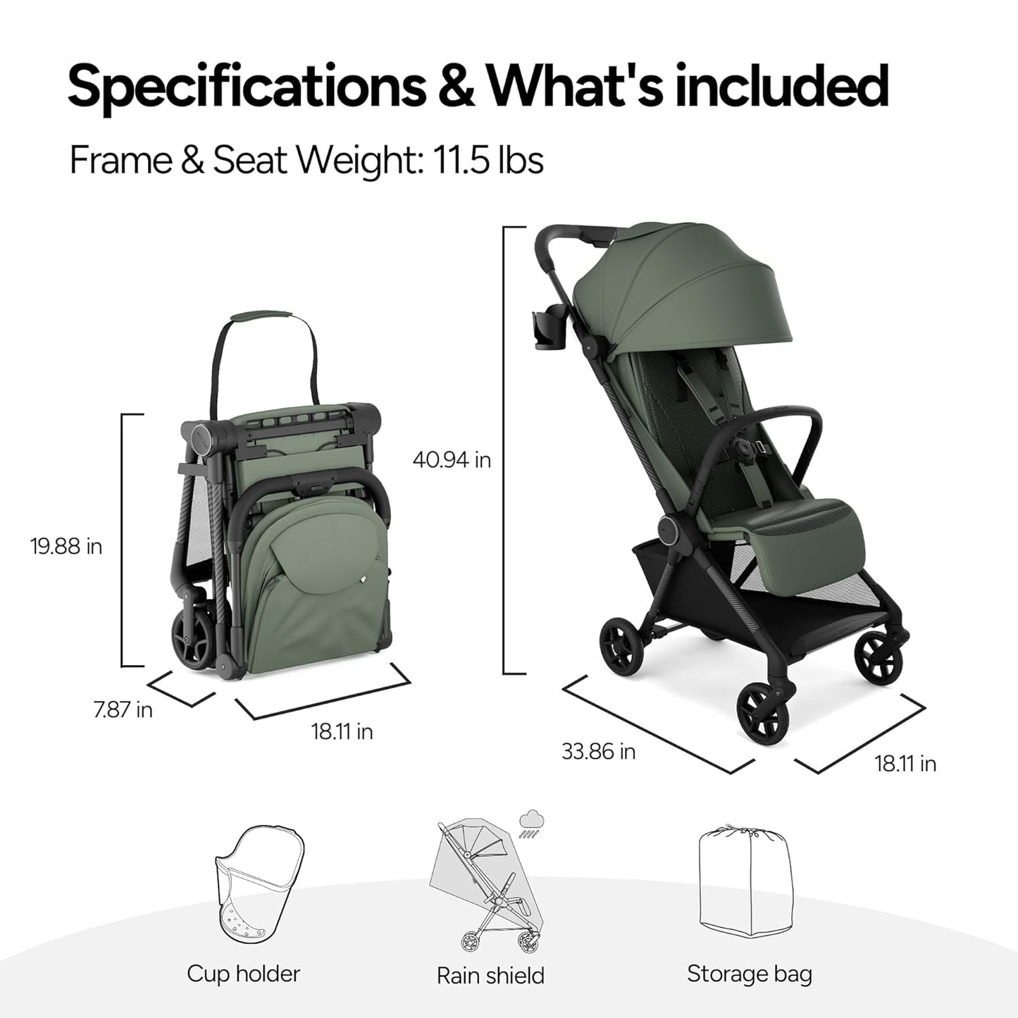 Mompush Nexis Carbon Travel Stroller, Ultra-Lightweight 11.5 lbs, Compact & Airplane Carry-On Approved, One-Second Auto-Fold, One-Hand Full Recline, from Birth to 50 lbs, JPMA Certified, Black