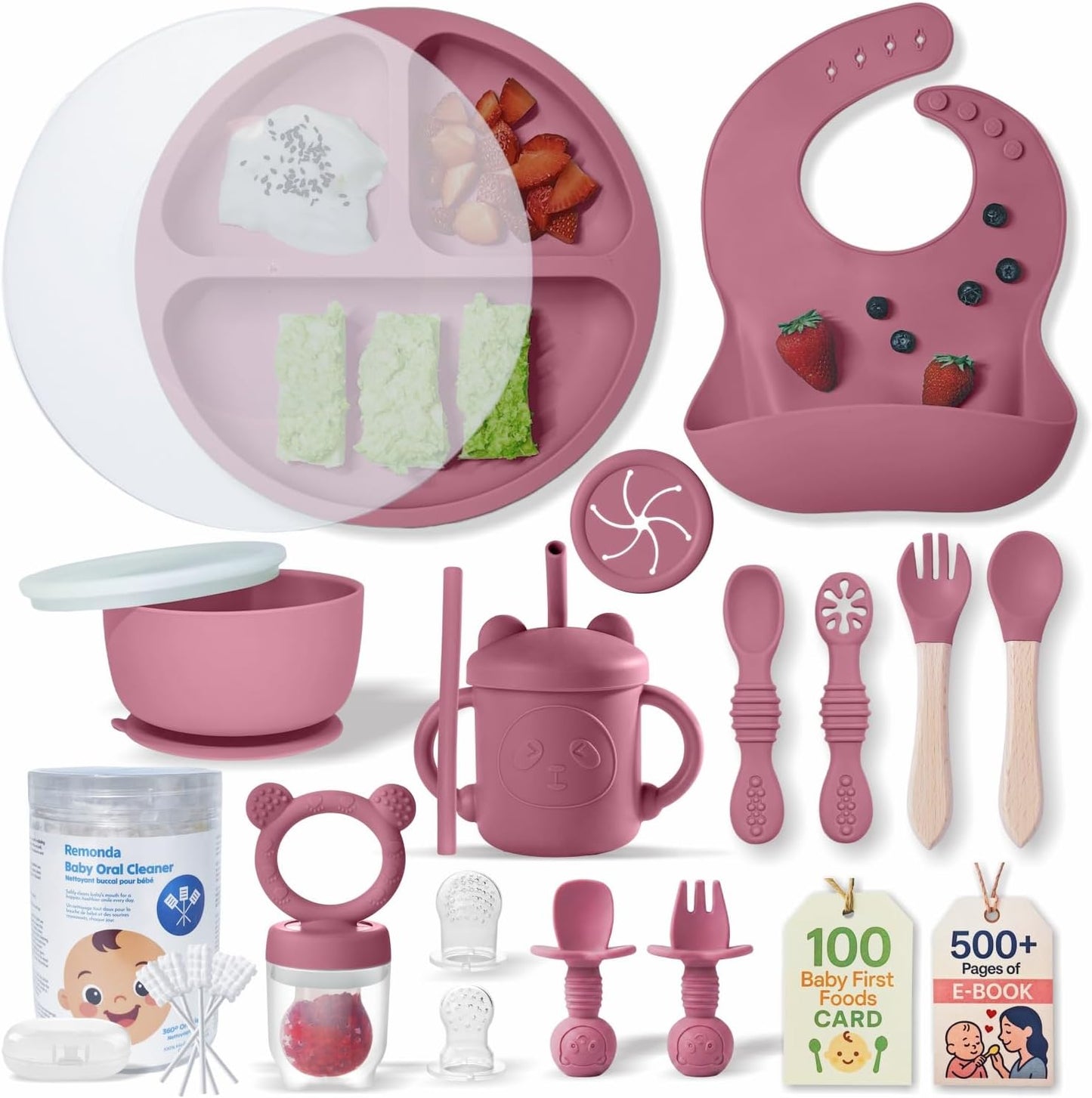 Remonda 23-Piece BPA-Free Silicone Baby Feeding Set | Extra Large Suction Plates, Toddler Bowls, Self Feeding Spoons, and More | Dishwasher Safe| Baby Led Weaning Supplies (Green）01