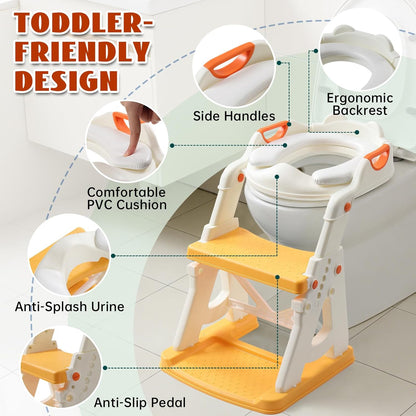 Potty Training Toilet Seat, Stable Potty Training Seat with Step Stool, 2 in 1 Toddler Toilet Seat with Steps for Kids Boys Girls, Toddler Potty Seat with Ladder, Splash Guard, Anti-Slip Pads (Gray)