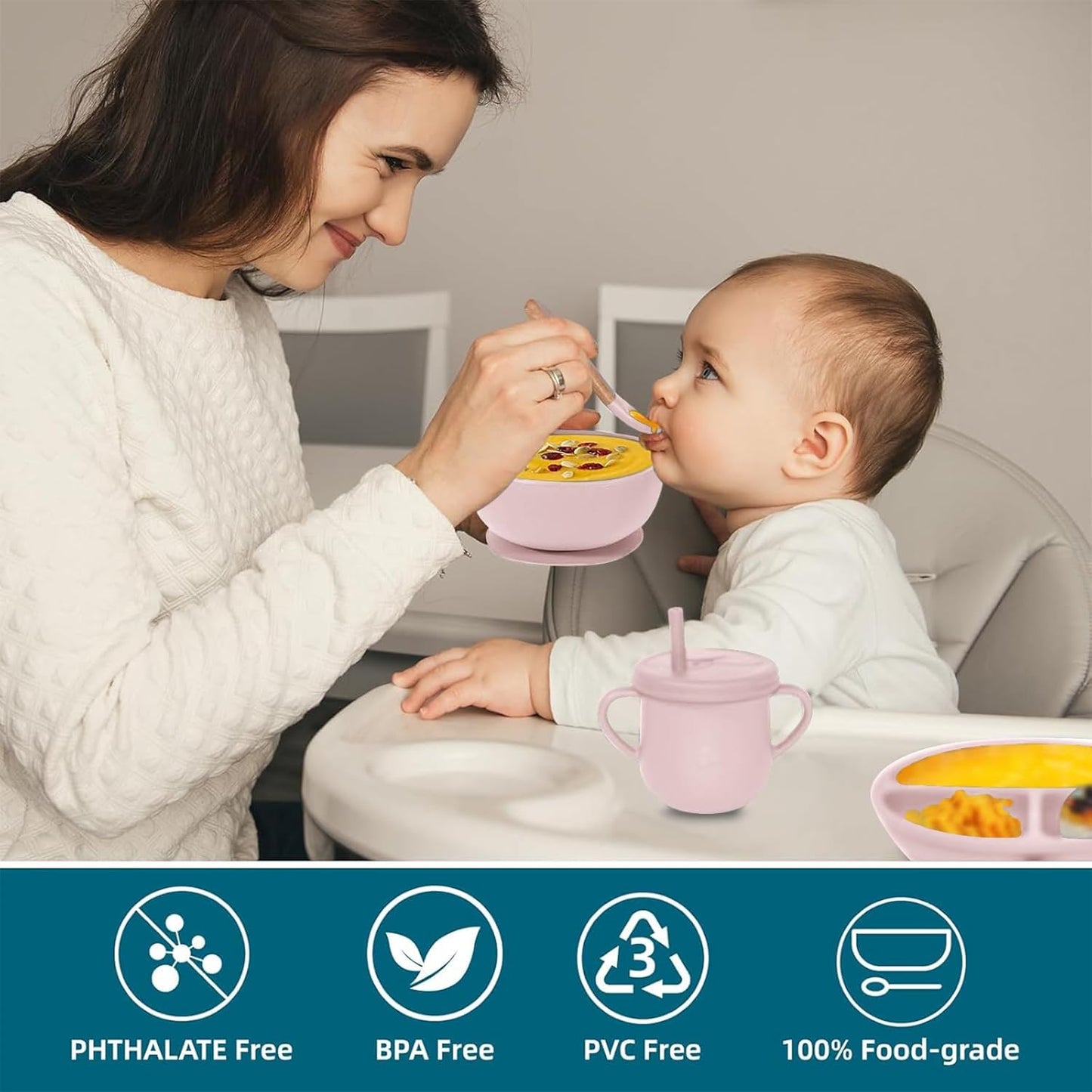 100% Silicone Baby Feeding Set, BPA Free Baby Dishes with Suction Bowl, Divided Plate, Toddler Self Feeding Dish Set with Spoons, Forks, Sippy Cup and Bib, Baby Eating Utensils (Navy Blue)