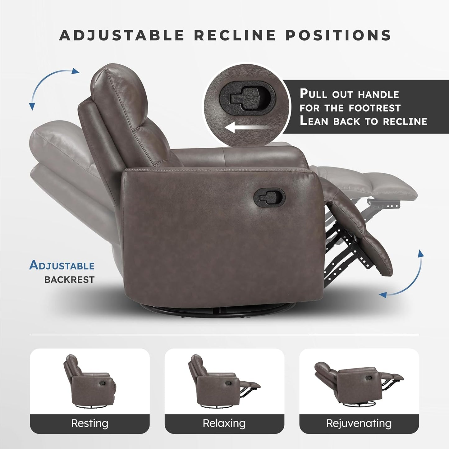 Lexicon 360 Degree Swivel Glider Reclining Chair, Manual Tab Pull Recliner, Leather Match Swivel Glider Recliner with Plush Foam, Sturdy Frame for Living Room/Office/Bedroom, Taupe