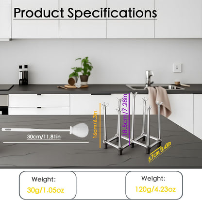 Stretched Bottle Drying Rack – Fits Baby Glasses, Cups & Dishes – with Included Soft Rubber Cup Brush, PP Material, 2 Pcs (White)