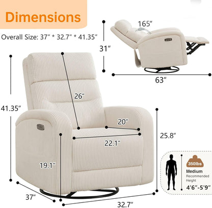 Power Swivel Rocker Recliner Chair for Nursery, Swivel Reclining Rocking Chairs, Electric Glider for Living Room, Upholstered Recliner Chairs for Bedroom, Corduroy White