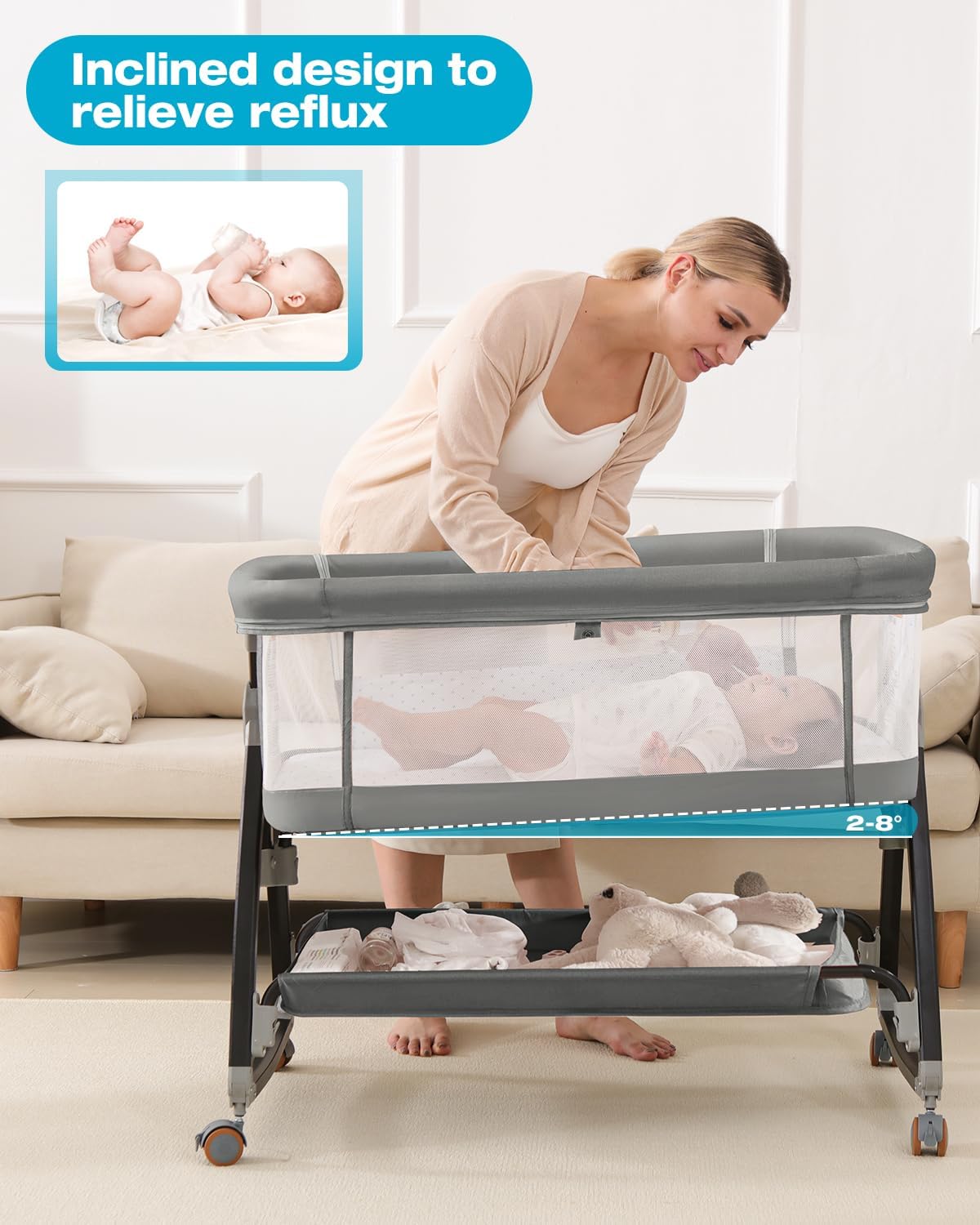 Bedside Bassinet for Baby, 3 in 1 Breathable Mesh Baby Bassinet, 6 Height Adjustable, Easy to Assemble, Bassinet Bedside Sleeper with Wheels, Mosquito Net, Storage Basket, Bassinets for Newborn Baby | Multi-functional