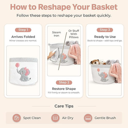 Elephant Storage Basket for Nursery – Large 15”x11” Cotton Rope Bin with Soft Felt Elephant Patch – Toy Organizer, Baby Laundry Hamper, Diaper & Towel Holder – Foldable, Washable & Baby-Safe