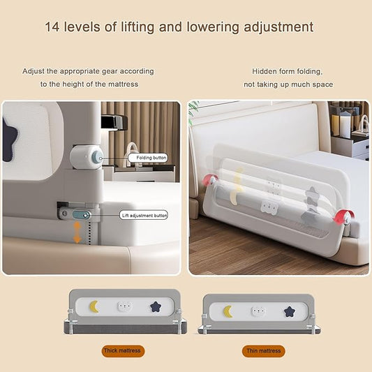 Bed Rail for Toddlers, 71" Foldable Baby Bed Rail Guard with Drilled-Free Installation, Adjustable Height, Suitable for Twin, Full, Queen & King Size (Gray Patchwork, 71inch)
