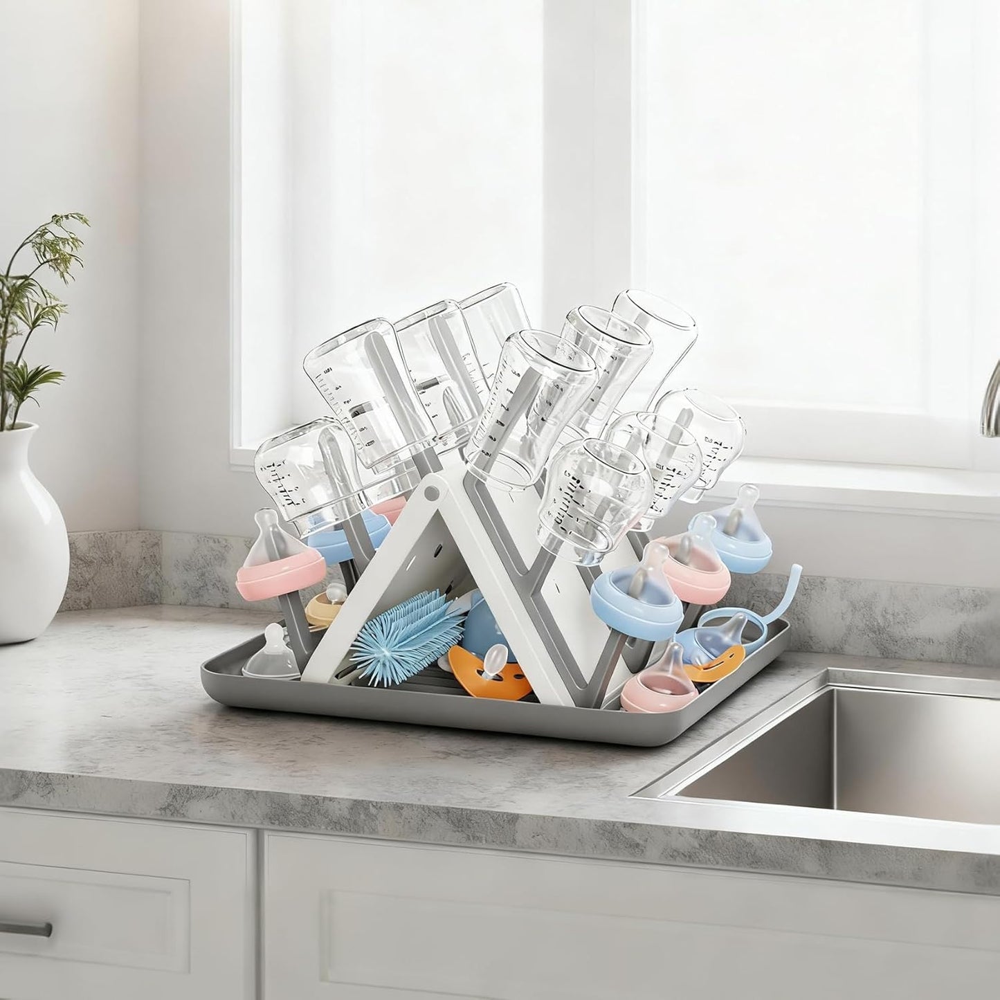 Large Baby Bottle Drying Rack, Space Saving 18 Hooks Slope Travel Bottle Dryer with Removable Drip Tray, Countertop Holder Organizer for Bottles & Baby Brushes Pacifiers and Pump Part-BPA Free
