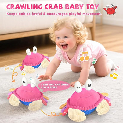 SAIMAND Pink Crawling Crab Baby Toy - Rechargeable Musical Plush Toys with 40 Songs & Voice Recorder, Sensory Toy for Infant Tummy Time, Soft Toy for 12-18 Months Girl, Gift for Toddlers 1-3