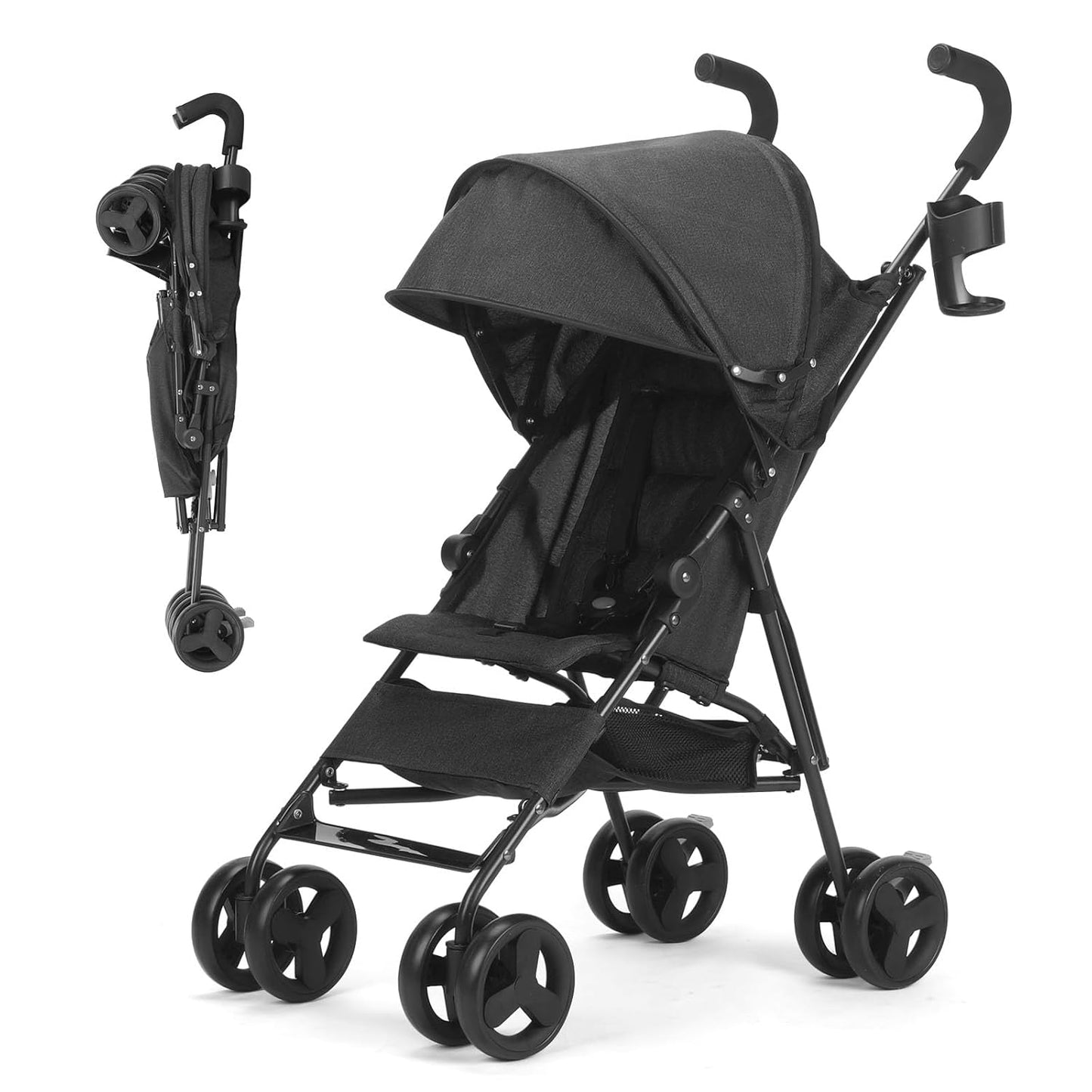 One-Handed Folding Lightweight Stroller, Large Storage Basket, Canopy, Cup Holder, Compact Umbrella Stroller Durable Frame, 3-36M Travel Stroller for Airplane Ultra Overhead Friendly (Black)