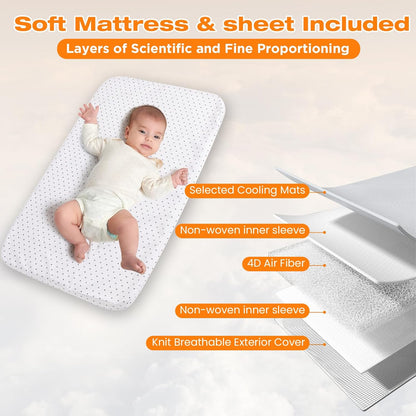 4 in 1Baby Bassinet,Bedside Bassinet for Baby, Rocking Bassinet with Comfy Mattress and Wheels, 7 Height Adjustable Easy Folding Portable Bedside Crib for Newborn